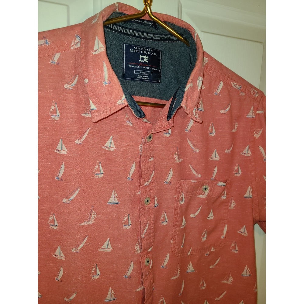 Cactus Menswear Pink/Red Nautical S/Sleeve Shirt Size Lg Slim Fit Sailboats